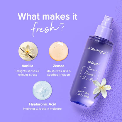 Aqualogica Refresh+ Sun Kissed Vanilla Perfume Body Mist | Warm Vanilla Fragrance | Long- Lasting Fragrance | Double Duty Mist for Hair & Body | Non-Irritating & Hydrating | Skin Friendly | For Men & Women | 150 ml