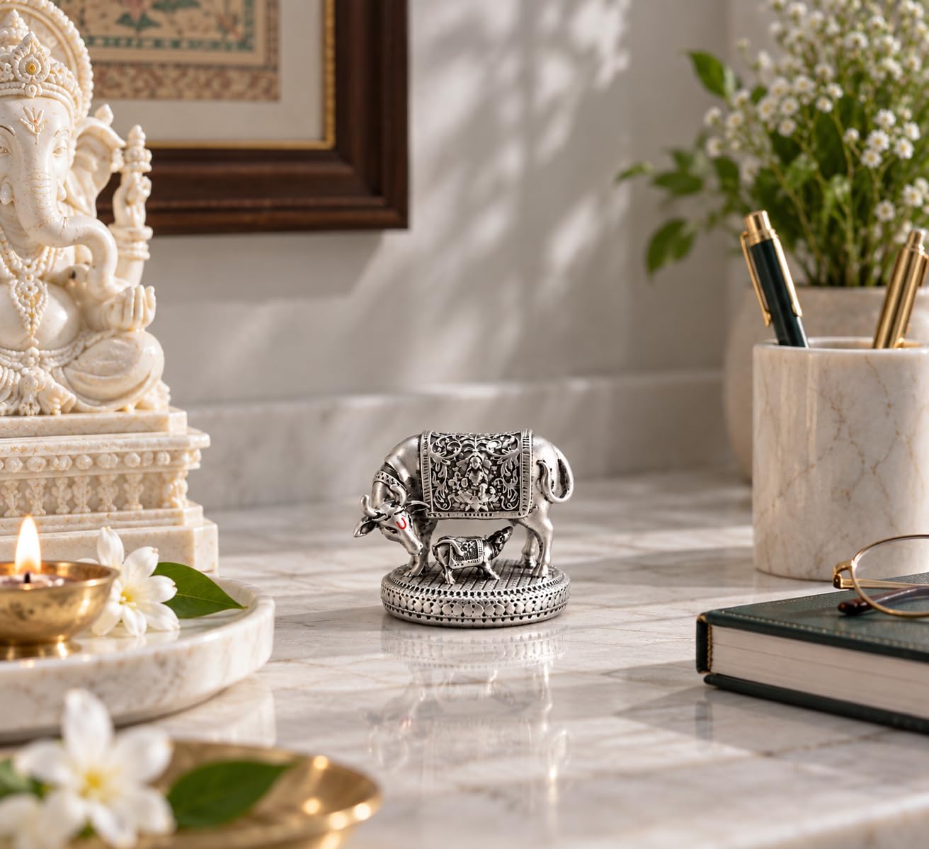 Gold Art India Kamdhenu Cow with Calf Idol | 999 Silver Plated | Antique Matte Finish | Premium Peacock Green Velvet Gift Box | Sacred Gau MATA Vastu Idol for Home Temple, Office & Spiritual Gifting