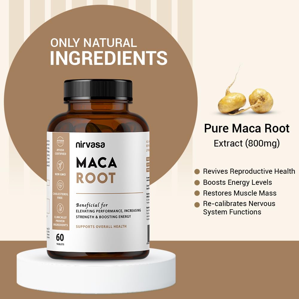 Nirvasa Maca Root Tablets 800mg (60 Tabs) | Ayurvedic Supplement for Energy, Strength, Stamina & Vitality | Supports Fertility & Hormonal Balance | For Men & Women