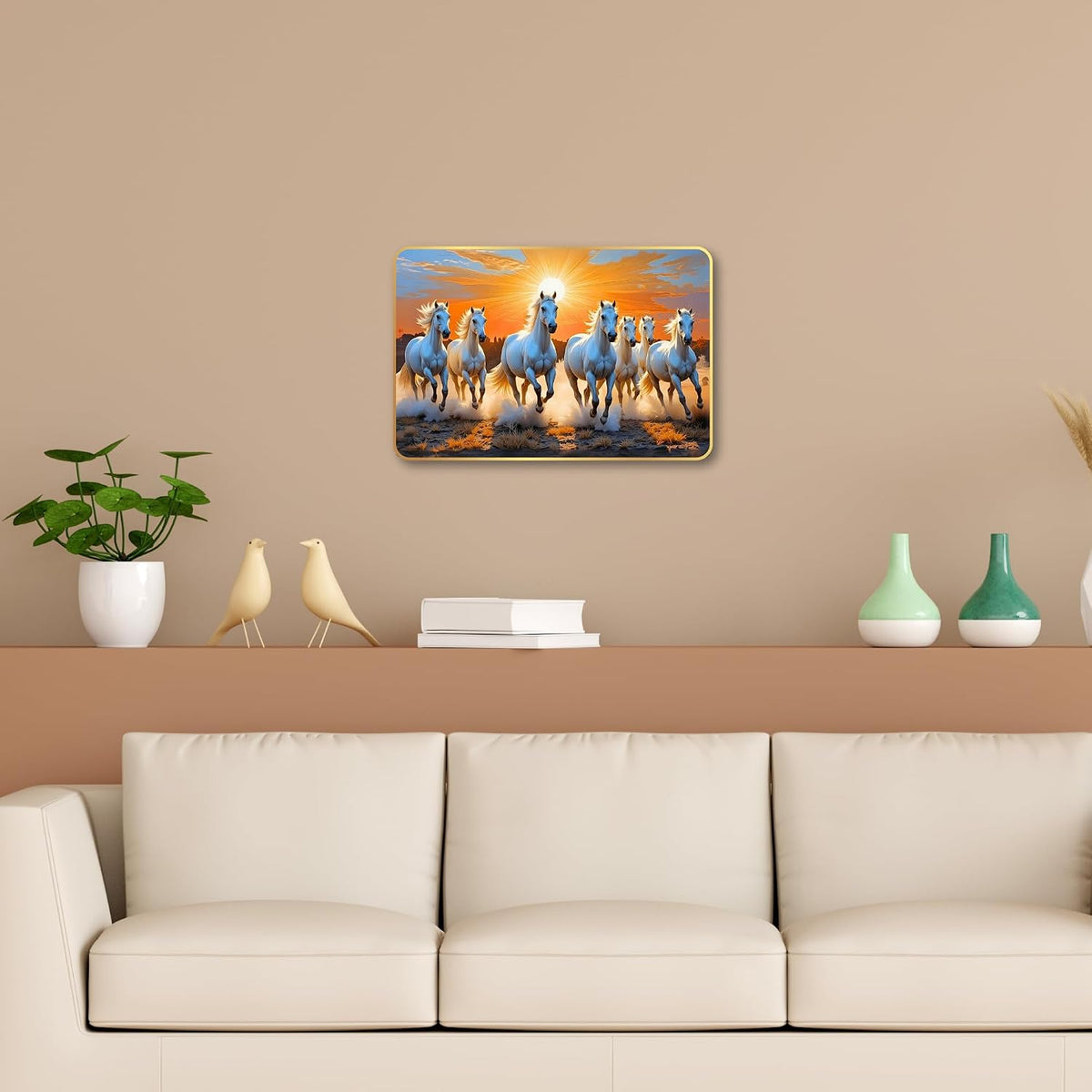 7 Running Horses MDF Wall Art 12x18 Inch | Golden Border Vastu Painting for Home & Office Décor | Modern Elegant Wall Hanging Frame for Living Room, Bedroom (Design 3)