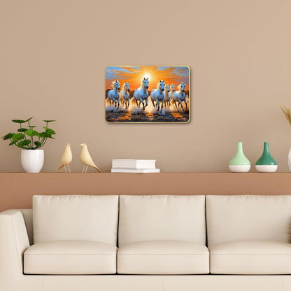 7 Running Horses MDF Wall Art 12x18 Inch | Golden Border Vastu Painting for Home & Office Décor | Modern Elegant Wall Hanging Frame for Living Room, Bedroom (Design 3)