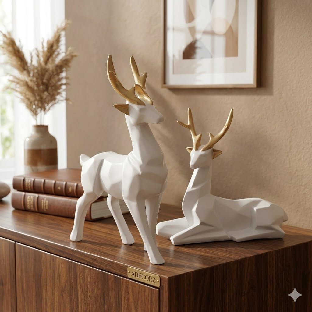 Geometric Resin Deer Sculpture Set of 2, White with Gold Antlers, Resin, 12.3 x 6.5 cm, Home Decor Figurines | Standing & Sitting Deer Pair | Creative Showpiece for Gift | Handcrafted