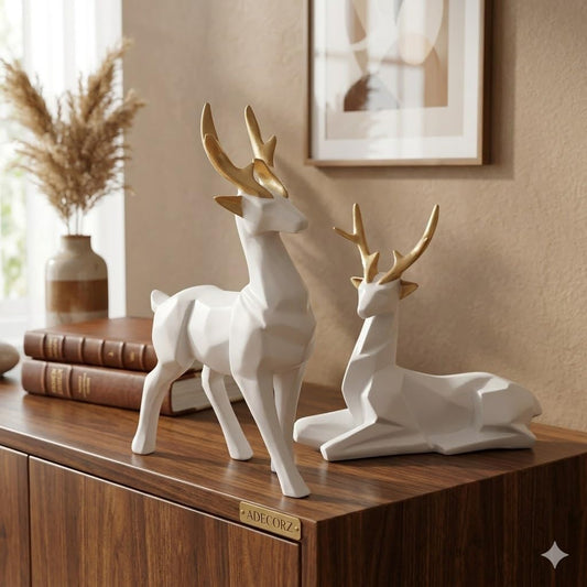 Geometric Resin Deer Sculpture Set of 2, White with Gold Antlers, Resin, 12.3 x 6.5 cm, Home Decor Figurines | Standing & Sitting Deer Pair | Creative Showpiece for Gift | Handcrafted