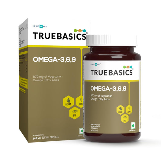 TrueBasics Omega-3,6,9 supplement bottle and packaging on a white background