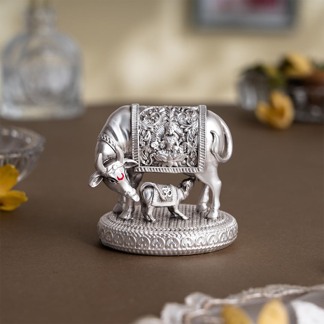 Svastika 999 Silver Plated Kamdhenu Cow with Calf Idol | 2.5 Inch Kamadhenu Gomatha Vastu Showpiece | Kaamdhenu Idol for Puja | Anniversary Wedding Housewarming Gift