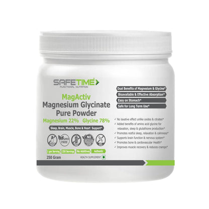 SafeTime MagActiv Magnesium Glycinate Pure Powder container on a white background