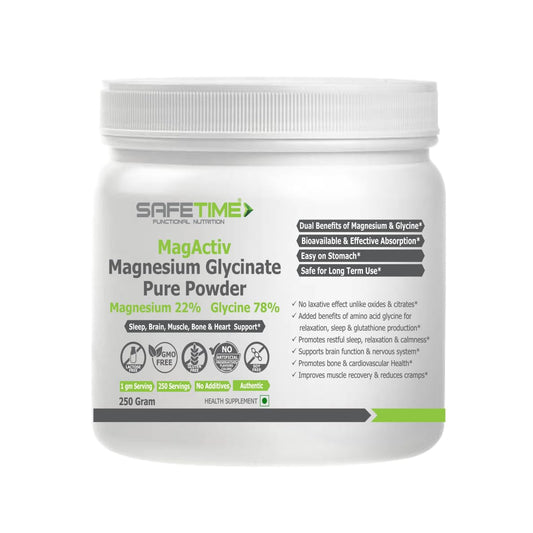 SafeTime MagActiv Magnesium Glycinate Pure Powder container on a white background