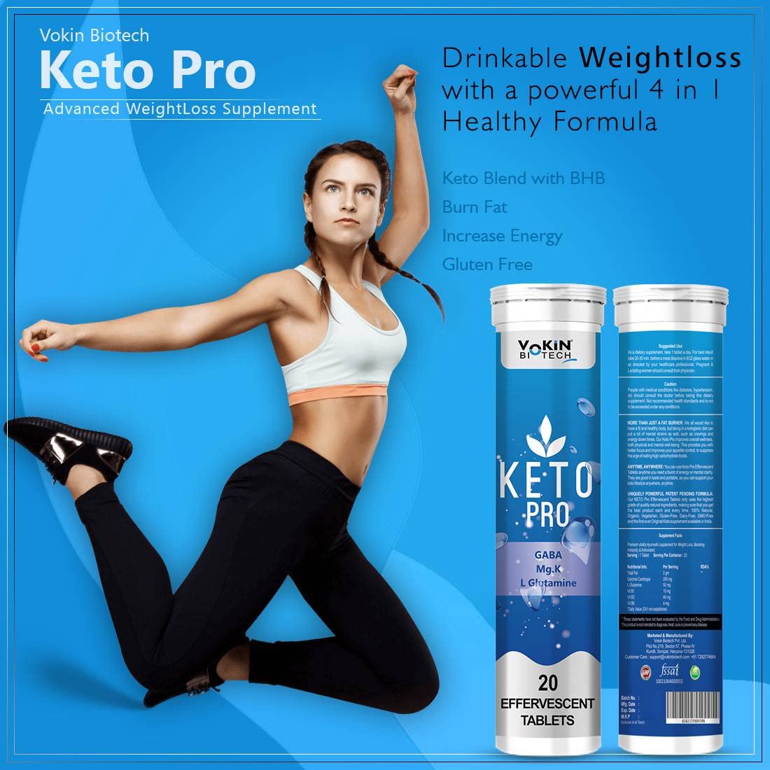 Keto Pro supplement packaging with a woman in athletic wear on a blue background