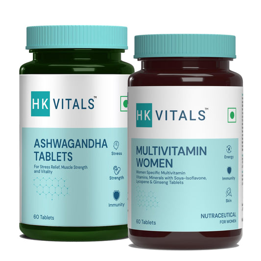 HealthKart Hk Vitals Ashwagandha, Anxiety & Stress Relief, For Muscle Strength, 60 Ashwagandha Capsules With Zinc, Vitamin C, Multiminerals & Ginseng Extract, 60 Multivitamin Tablets (Combo Pack)