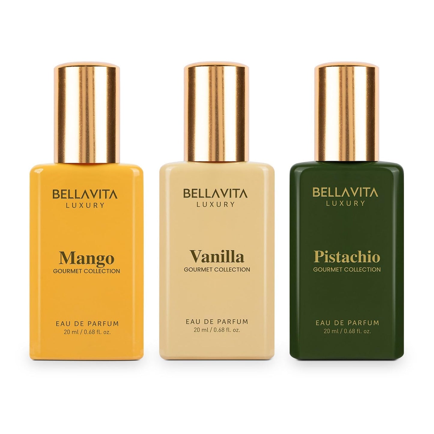Three Bellavita perfume bottles in Mango, Vanilla, and Pistachio flavors on a white background.