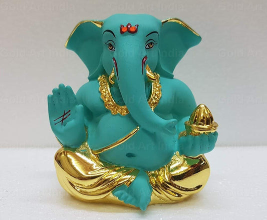 Gold Art India Polyresin Gold Plated Appu Ganesha Fluro Green Ganesh Idol for Car Dashboard Ganesha Murti Ganpati Idol for Home Decor Puja Lord Ganesh Statue Gift for Office Desk Puja Room Figurine