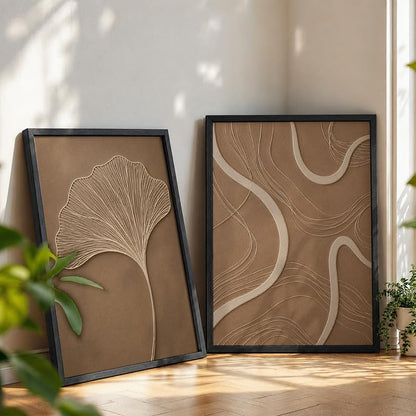 Ginkgo Leaf Wall Painting Set of 2 with Frame | Minimal Brown Beige Botanical & Abstract Line Texture Artwork, Modern Neutral Wall Decor for Living Room, Bedroom, Office and Home Decoration (Art-11, 10x13inch)