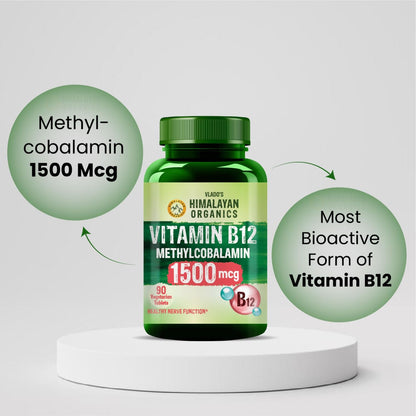 Vlado's Himalayan Organics Methylcobalamin Vitamin B12 1500mcg Supplement for Men & Women - 90 Veg Tablets