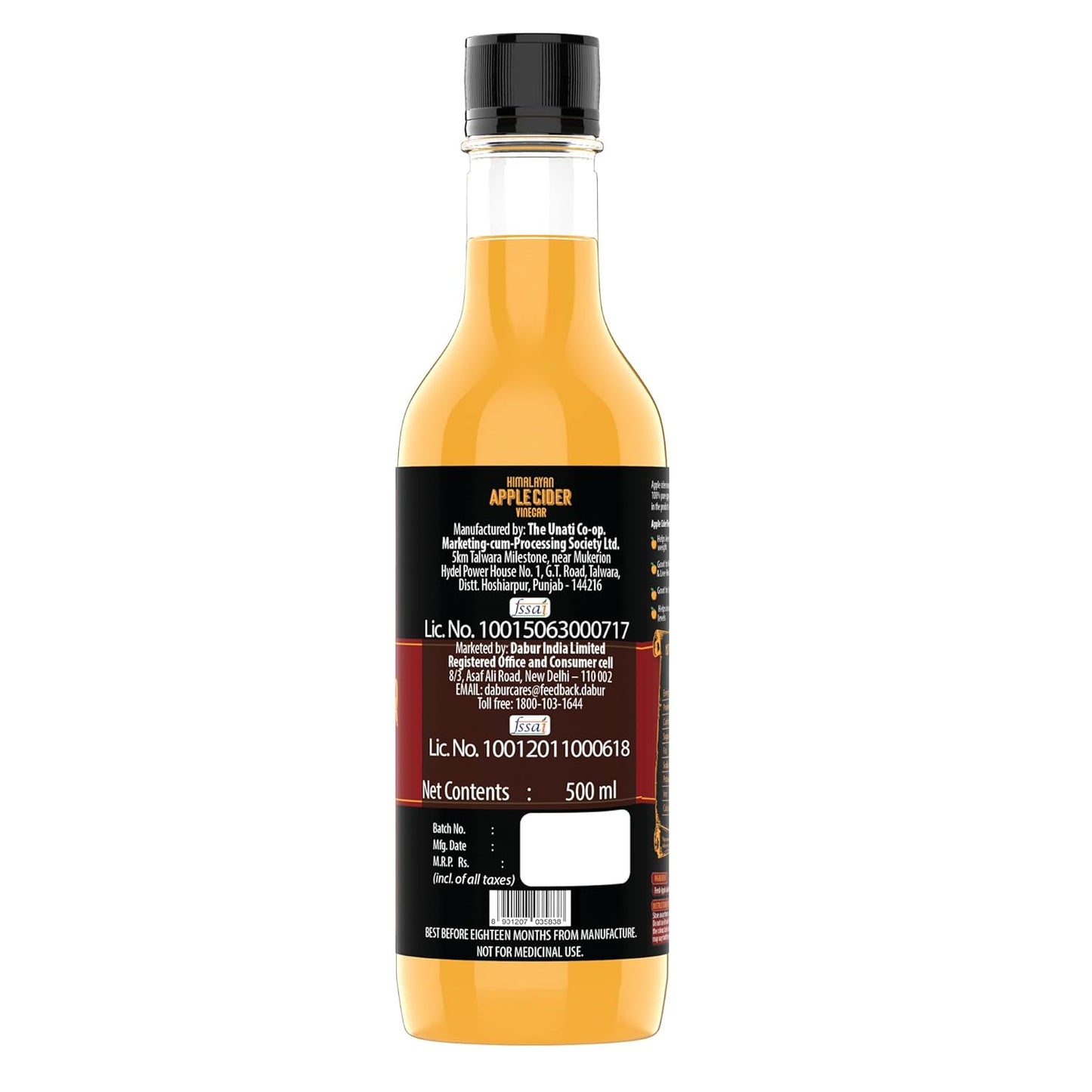 Dabur Himalayan Apple Cider Vinegar with Mother of Vinegar | Raw, Unfiltered, Unpasteurized | For weight loss and boost immunity| No added colours or preservatives - 500 ml