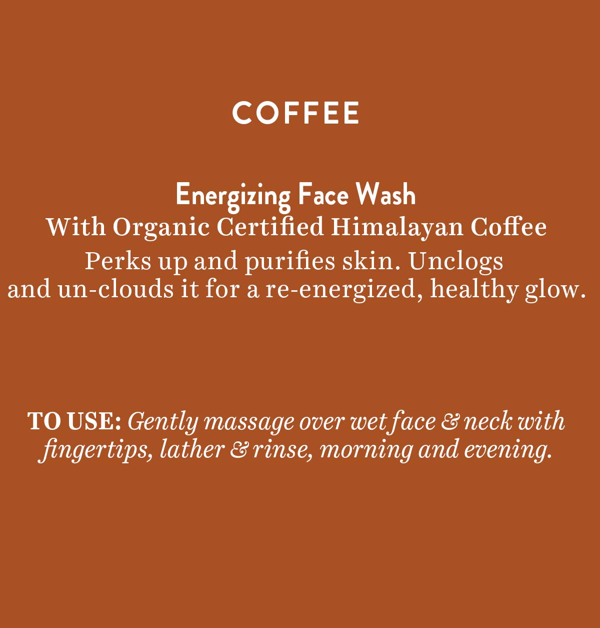 Product description card for coffee-based face wash on a brown background