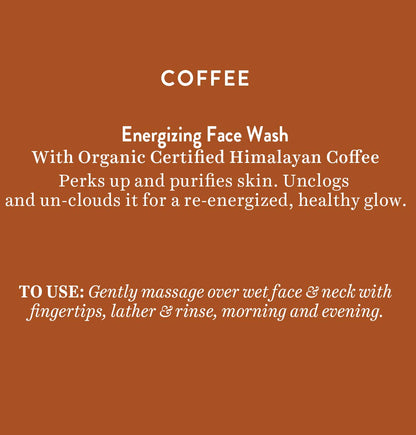 Product description card for coffee-based face wash on a brown background