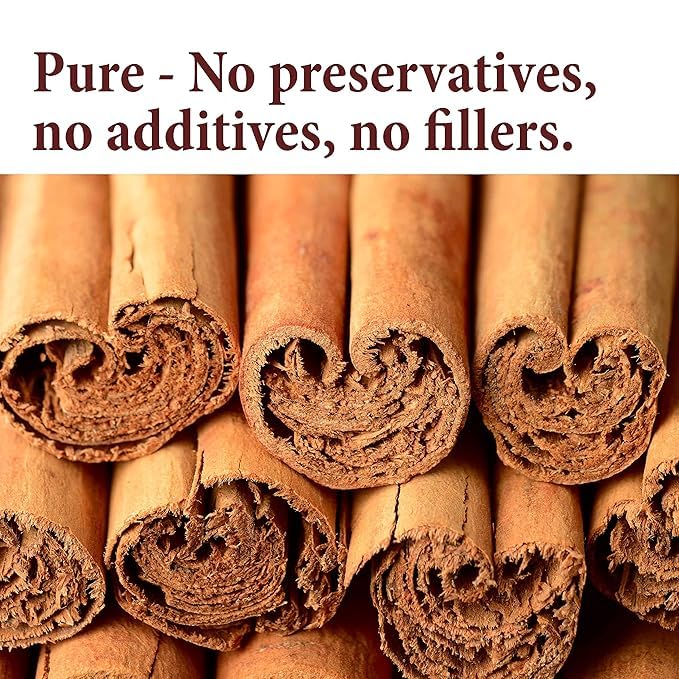 Cinnamon sticks with a text overlay about purity and ingredients.