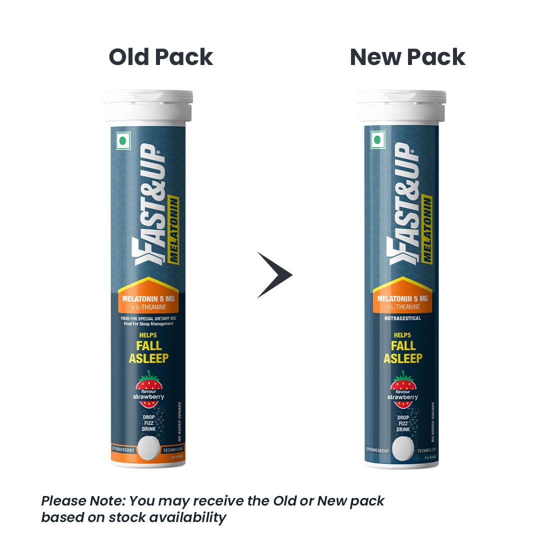 Comparison of an old and new pack of Fast&Up Melatonin supplement on a white background.