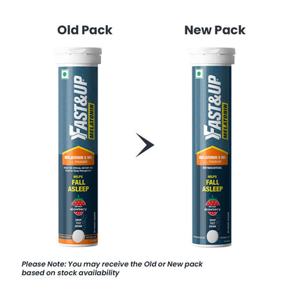 Comparison of an old and new pack of Fast&Up Melatonin supplement on a white background.