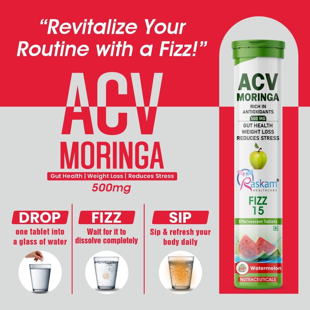 ACV Moringa 15 Effervescent Tablets 500mg Apple Cider Vinegar With No Added Sugar For Gut Health | Immunity Booster | Weight Loss | (Pack of 1, Refreshing Watermelon Flavour)