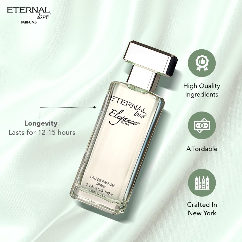 Perfume bottle labeled 'Eternal Elegance' with features highlighted on a light background