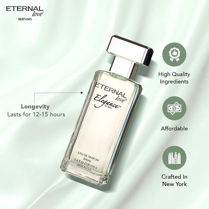 Perfume bottle labeled 'Eternal Elegance' with features highlighted on a light background