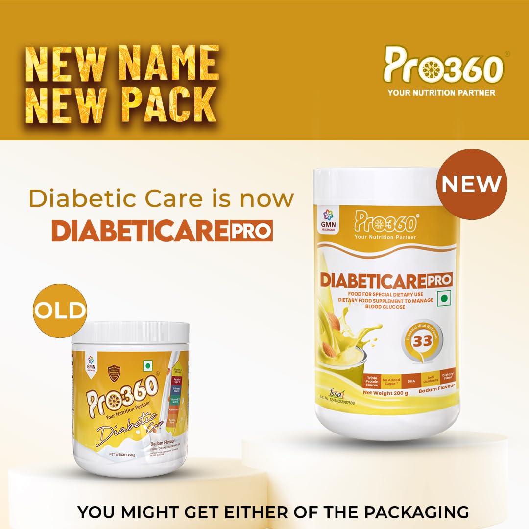 Pro360 Diabeticare Pro Protein Powder for Diabetes - Nutrition Supplement for Diabetic Care - Helps in Managing Blood Sugar Levels - Zero Added Sugar - Badam Flavour 200g Jar