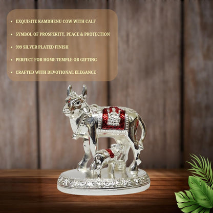 Gold Art India Kamdhenu Cow and Calf Idol with Red Accents | Shiny Silver Finish | 7.62 cm Decorative Gau MATA Murti for Home Temple, Gift & Office