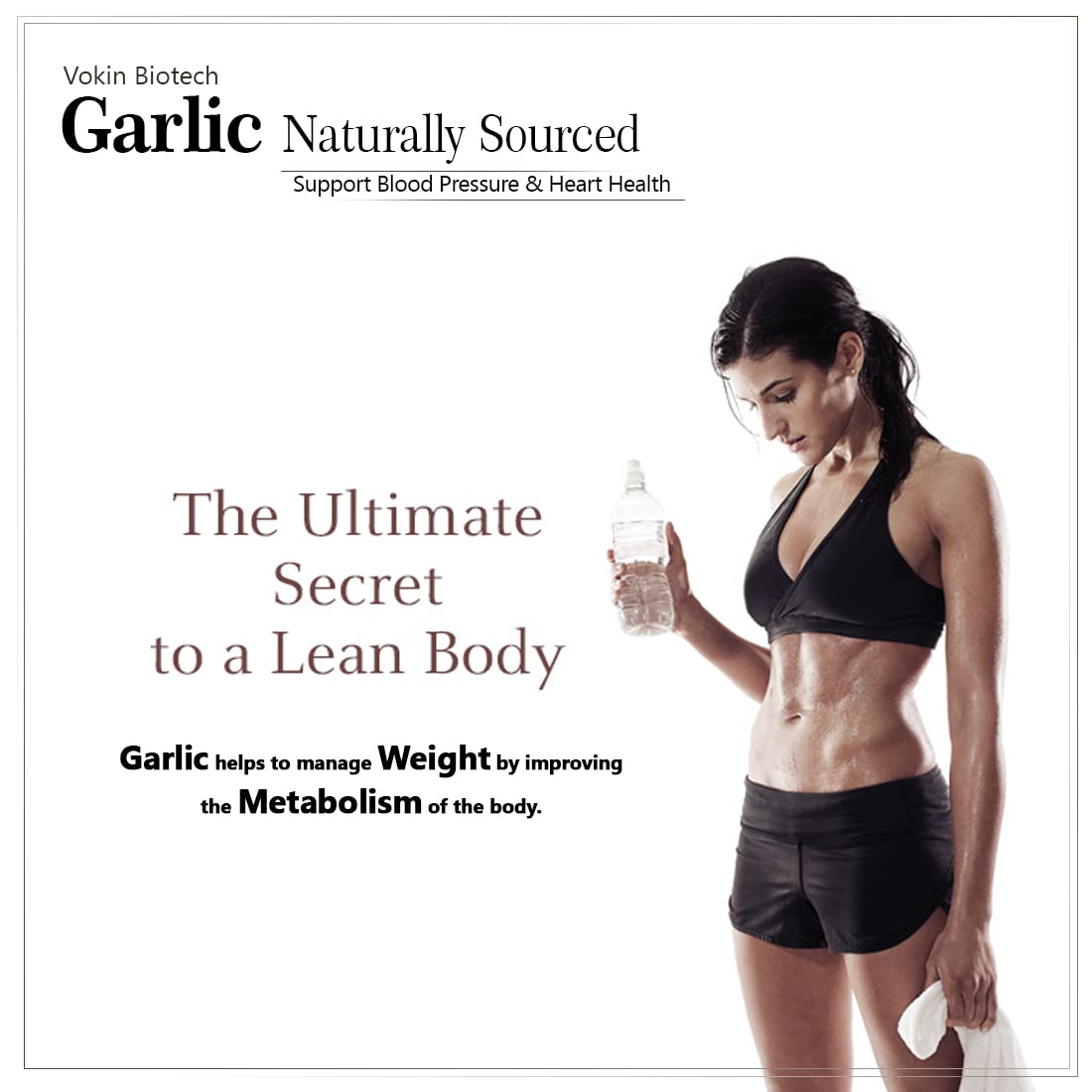 Advertisement for Garlic supplements by Vokin Biotech, featuring a woman holding a bottle.