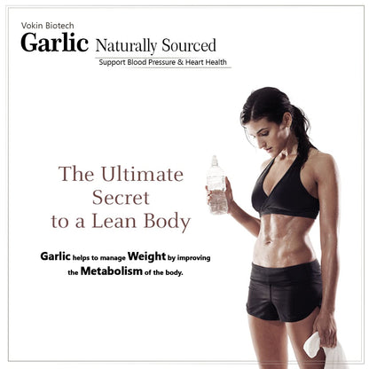 Advertisement for Garlic supplements by Vokin Biotech, featuring a woman holding a bottle.