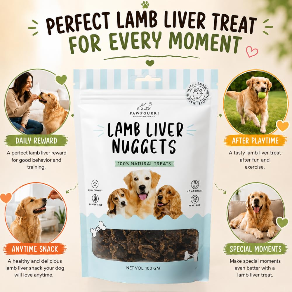 PAWPOURRI Natural Lamb Liver Nuggets Dog Treats, 100gm | Protein Rich Chewy Snacks for Dogs | Suitable for All Breeds & Life Stages | Daily Training & Reward Treats (Pack of 1)