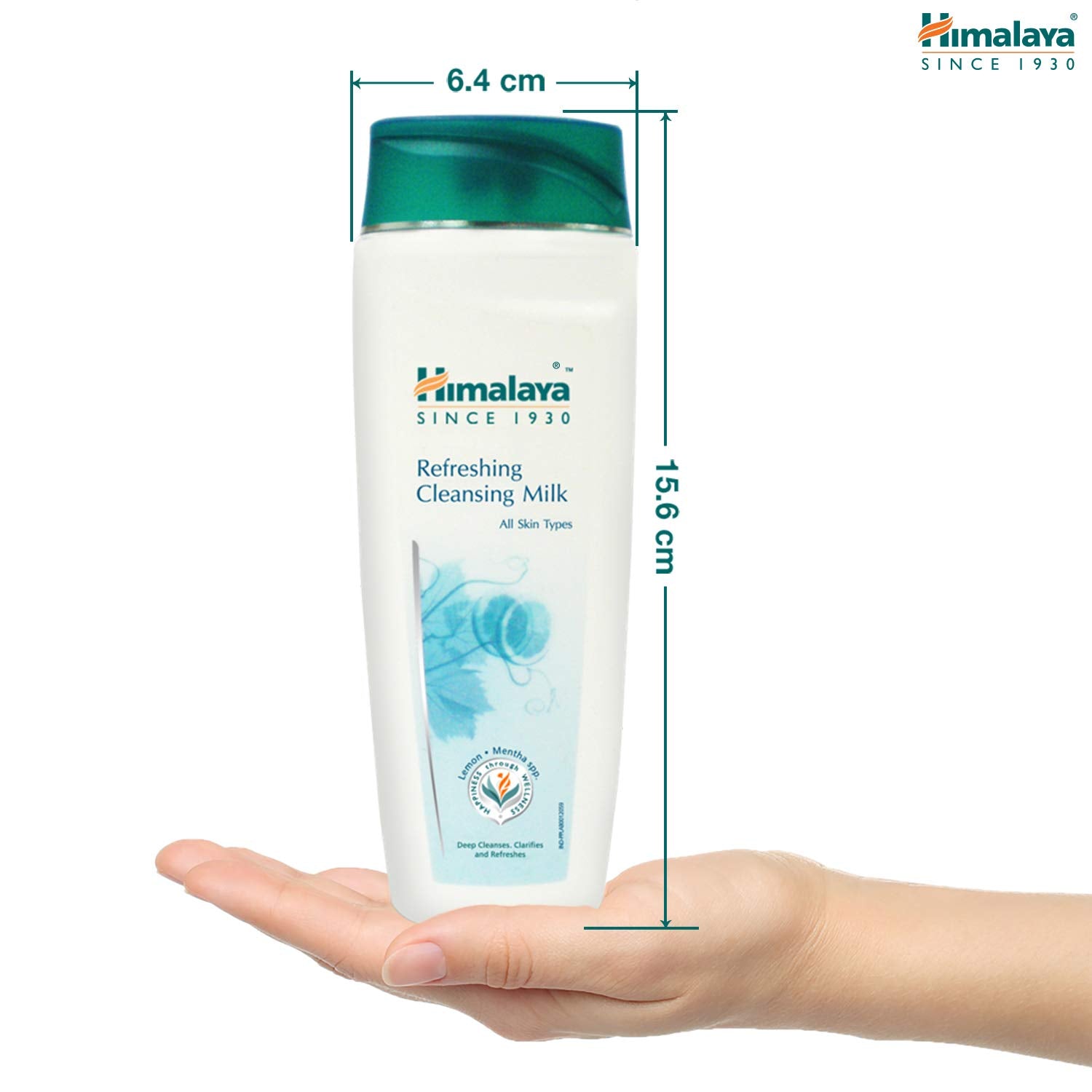 Himalaya Refreshing Cleansing Milk bottle held in a hand with dimensions displayed