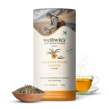 Wellwith by Ayuzera Sea Buckthorn Raw Leaves Tea, Good For Skin and Immunity, For a Healthy Lifestyle - Himalayan Herbal Tea - Pure & Natural (100g)