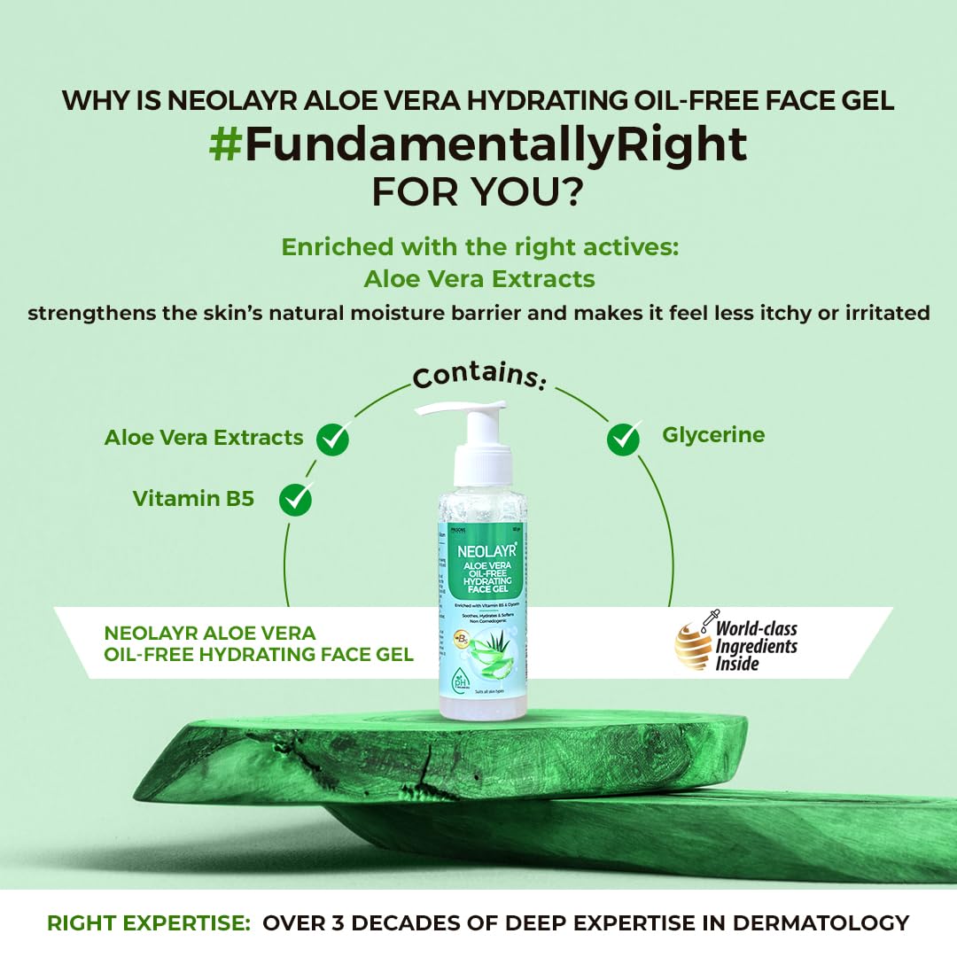 NEOLAYR Aloe Vera Oil-Free Hydrating Face Gel | For Oily and Acne Prone Skin | Vitamin B5 | Aloe Vera Extract | 100 GM | For Men & Women
