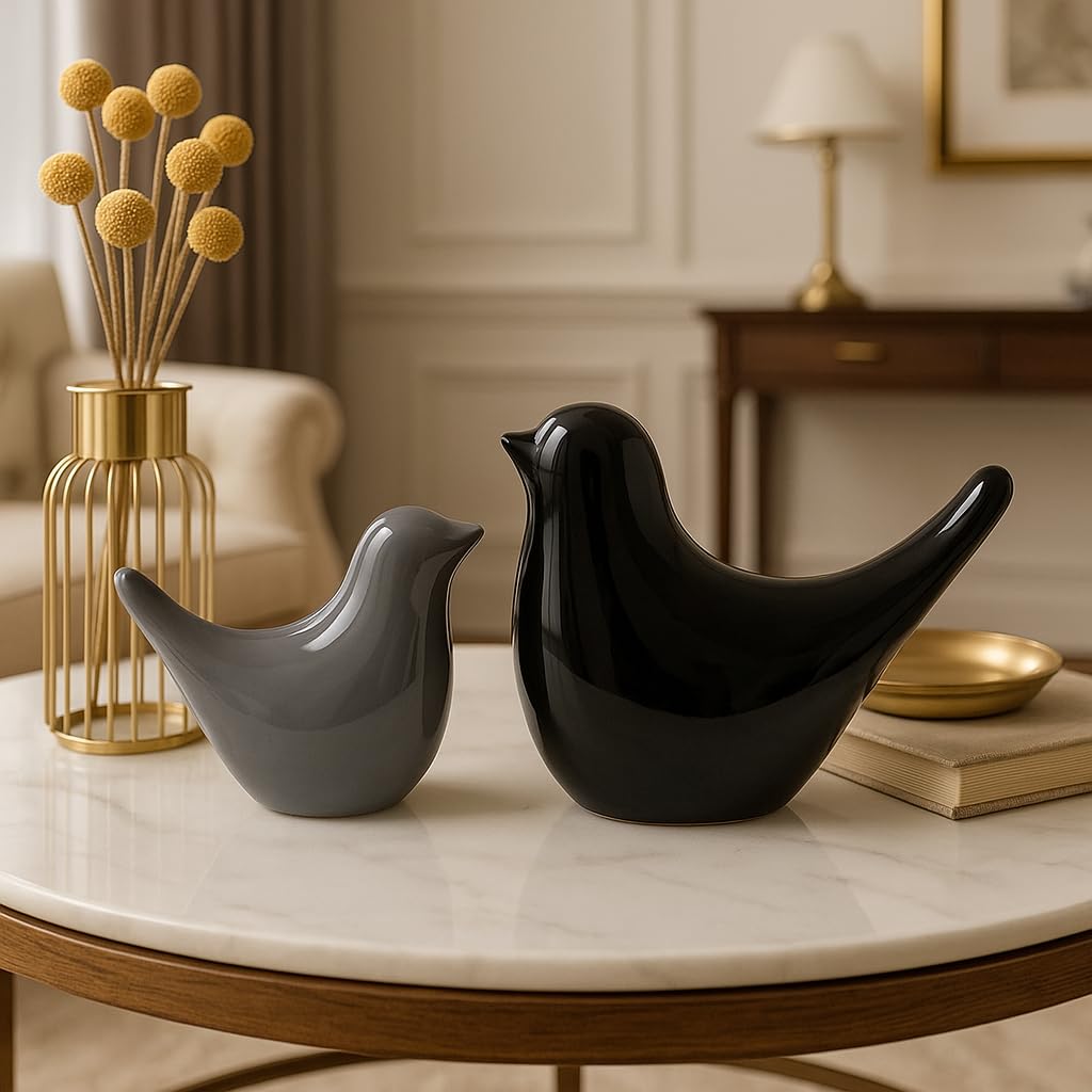 Creative Black and Grey Glossy Ceramic Birds Figurines Home Decorations Accessories Party (Pack of 2, Black and Grey)