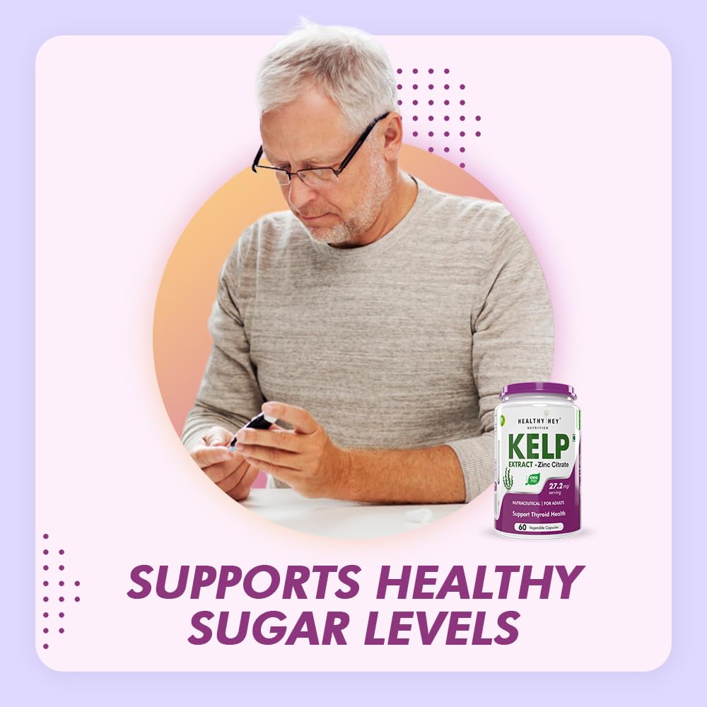 Man using a smartphone with a Kelp supplement bottle on a light purple background