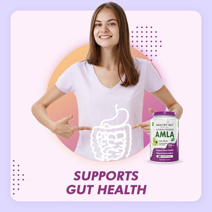 Woman holding a bottle labeled 'Amla' with text 'Supports Gut Health' on a colorful background