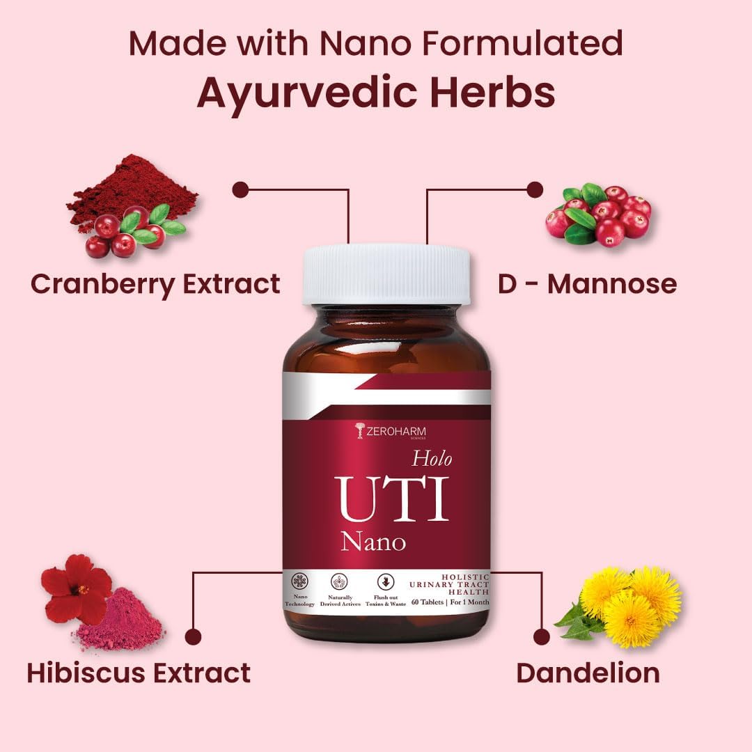 ZEROHARM Holo UTI with Cranberry, D-Mannose, Hibiscus & Dandelion | Helps Reduce Burning & Discomfort | Fast-Acting Relief Supplement for Men & Women | Advanced Nanotechnology | 60 Tablets