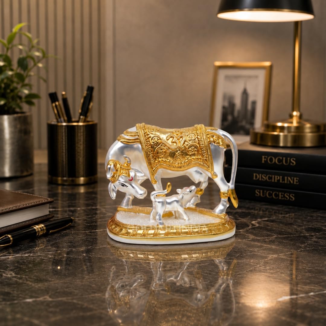 Gold Art India Kamdhenu Cow with Calf Idol | 999 Silver Plated & 24KT Gold Plated | Two Tone Matte Finish | Premium Peacock Green Velvet Gift Box | Vastu Cow Statue for Home Temple & Spiritual Gifting