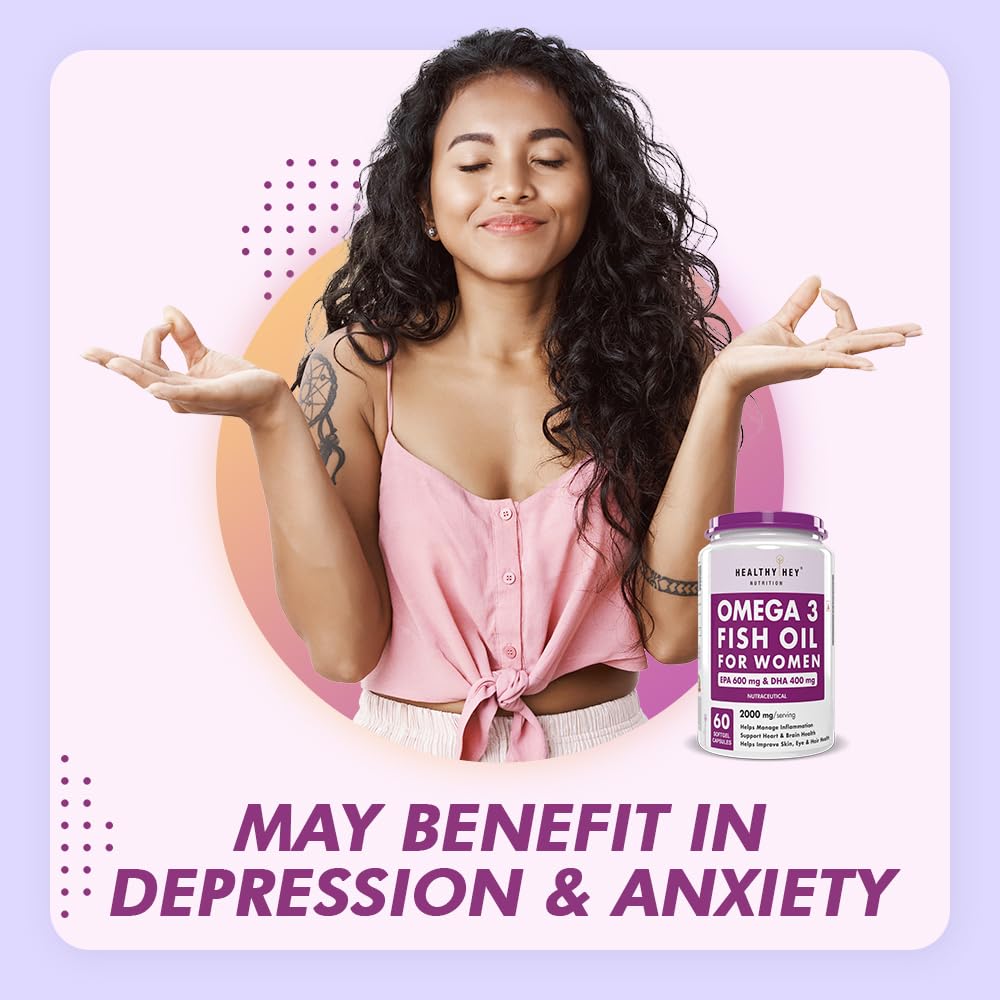 Woman with arms outstretched holding a bottle of Omega 3 Fish Oil for Women on a light purple background.