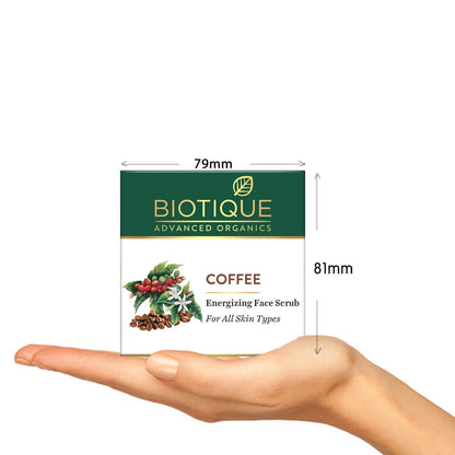 Biotique Coffee Energizing Face Scrub packaging held in a hand with dimensions displayed.