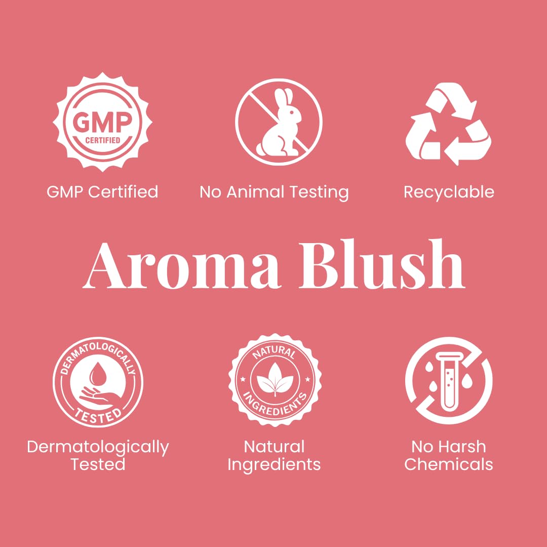 Aroma Blush product features on a pink background with icons and text.