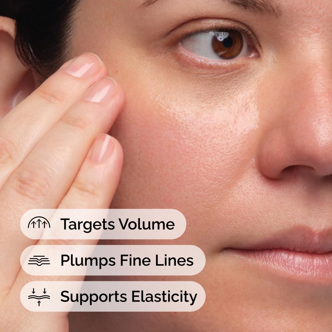 Close-up of a woman's face with text highlighting skincare benefits