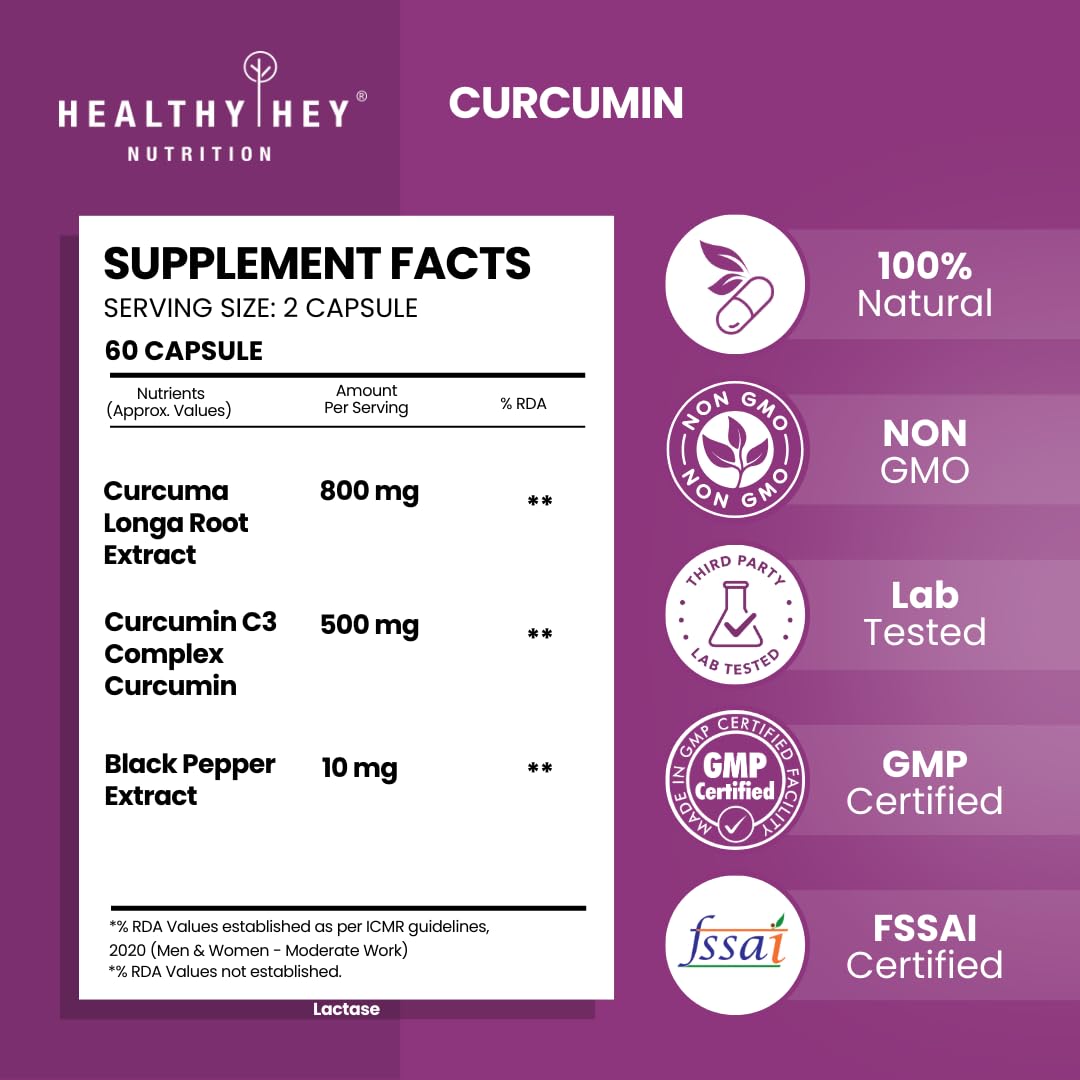 Supplement facts label for Curcumin by Healthy Hey Nutrition on a purple background