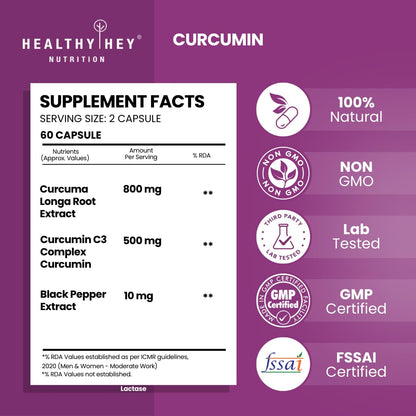 Supplement facts label for Curcumin by Healthy Hey Nutrition on a purple background