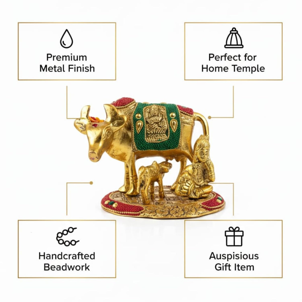 Kalakriti Kamdhenu Cow and Calf Idol with Laddu Gopal| Gold Plated Decorative Statue for Home Temple | Religious Showpiece for Pooja Room |Traditional Hindu Spiritual Decor Gift (15x13x13 cm)