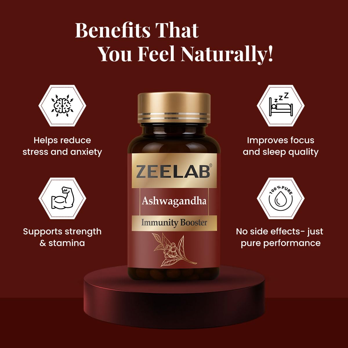 Zeelab Ashwagandha supplement bottle with benefits listed on a red background