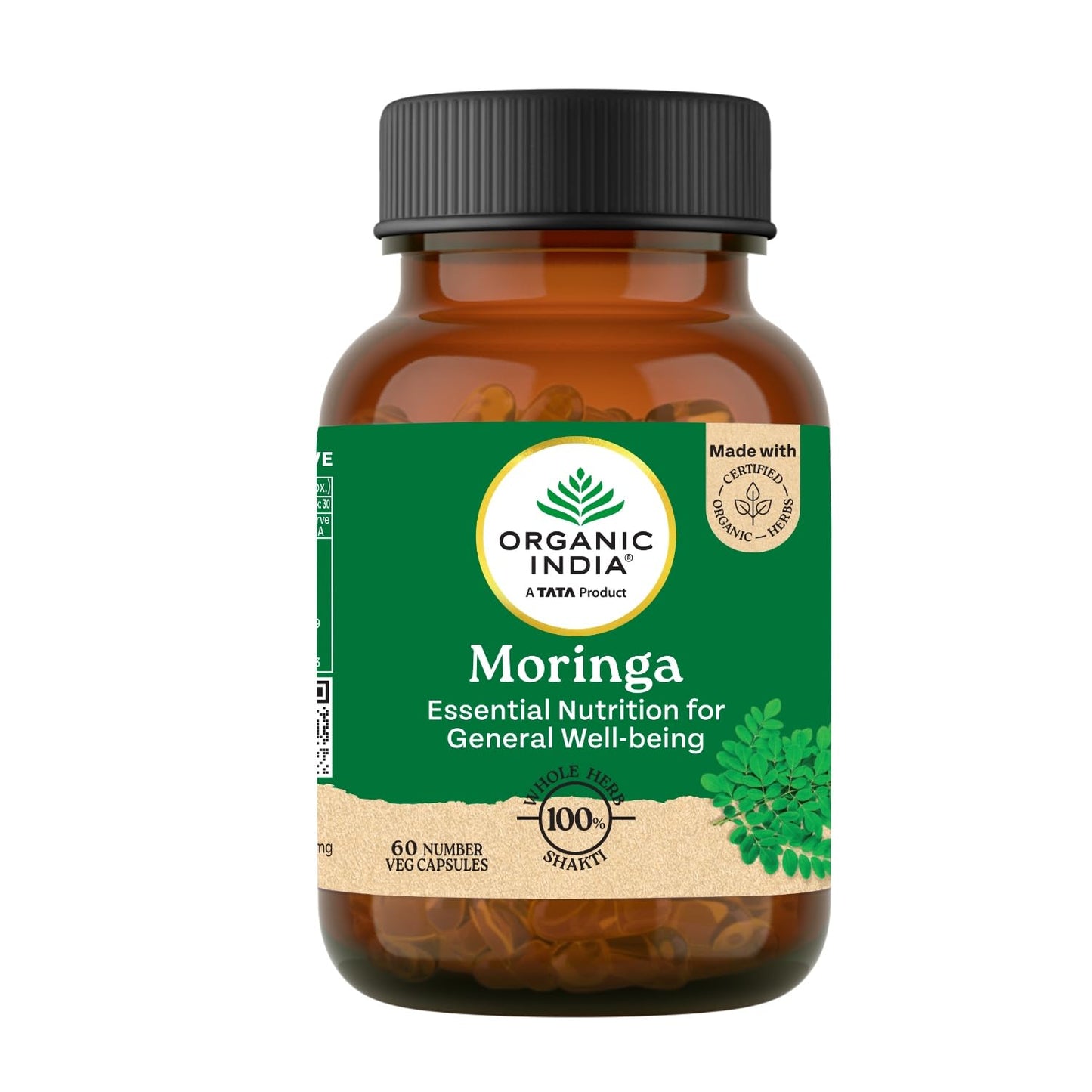 Bottle of Organic India Moringa capsules on a white background
