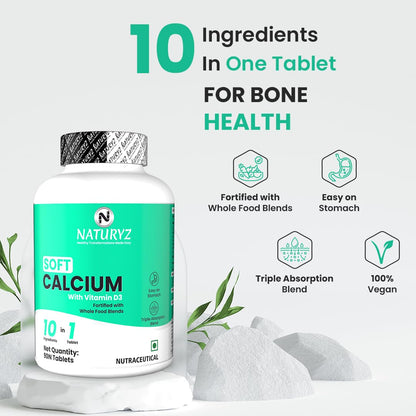 Naturyz Soft Calcium supplement bottle with product features on a light background