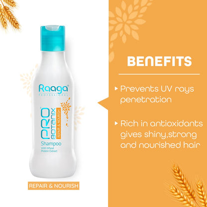 Raaga Pro Boterix shampoo bottle with benefits listed on an orange background